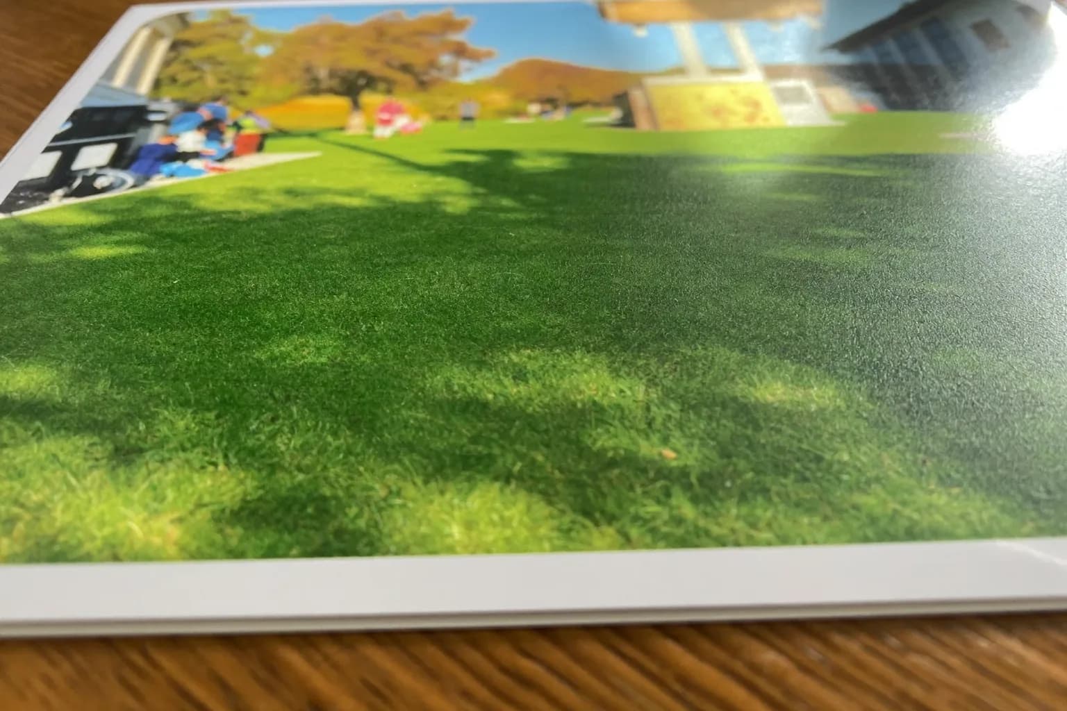 Personalized gifts for grandparents: a printed 4×6 photo card on a wooden table, showing its thickness and matte surface