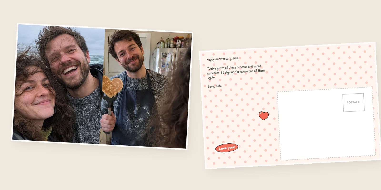 Anniversary cards from FamilyLetter: a photo postcard of a couple on a windy beach and him holding a heart pancake, beside its dotted back with a happy anniversary note