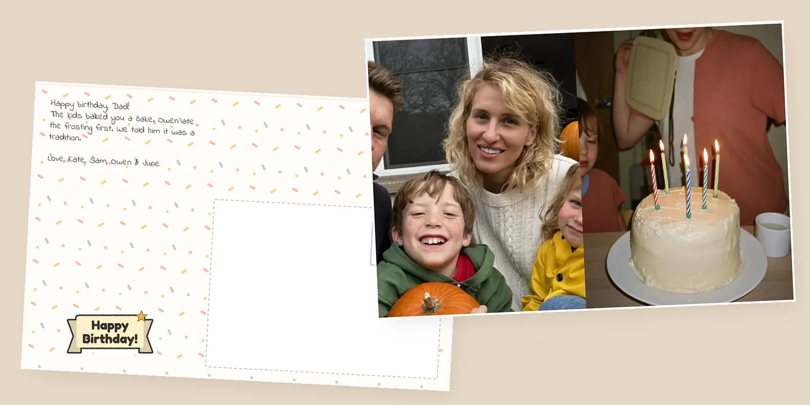 A birthday card for Dad: a photo postcard of the grandkids and a candlelit cake, with a confetti back that reads Happy birthday, Dad