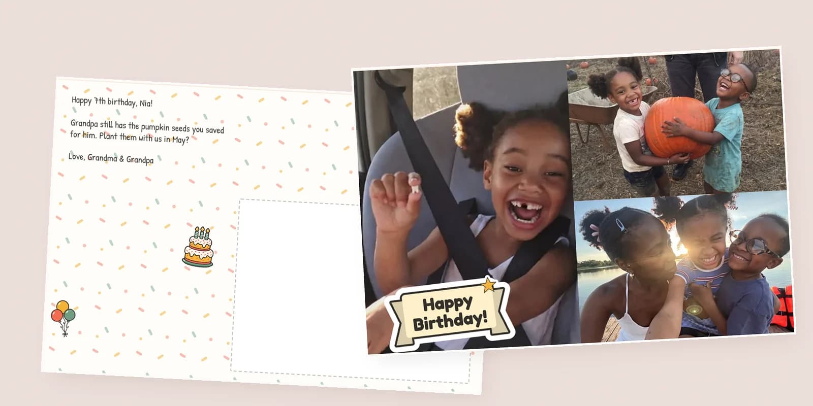 Birthday card for granddaughter: a three-photo postcard of a gap-toothed girl with a Happy Birthday sticker, beside its confetti back with a note from Grandma and Grandpa