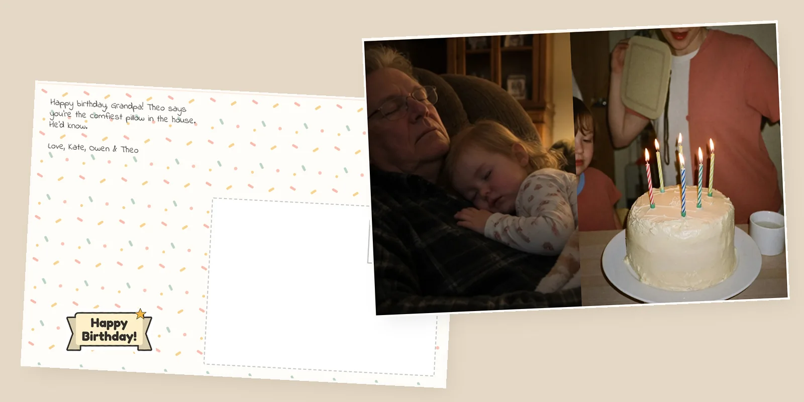 A birthday card for Grandpa: a photo postcard of him napping with a toddler beside a candlelit cake, and its confetti back with a short note from the grandkids