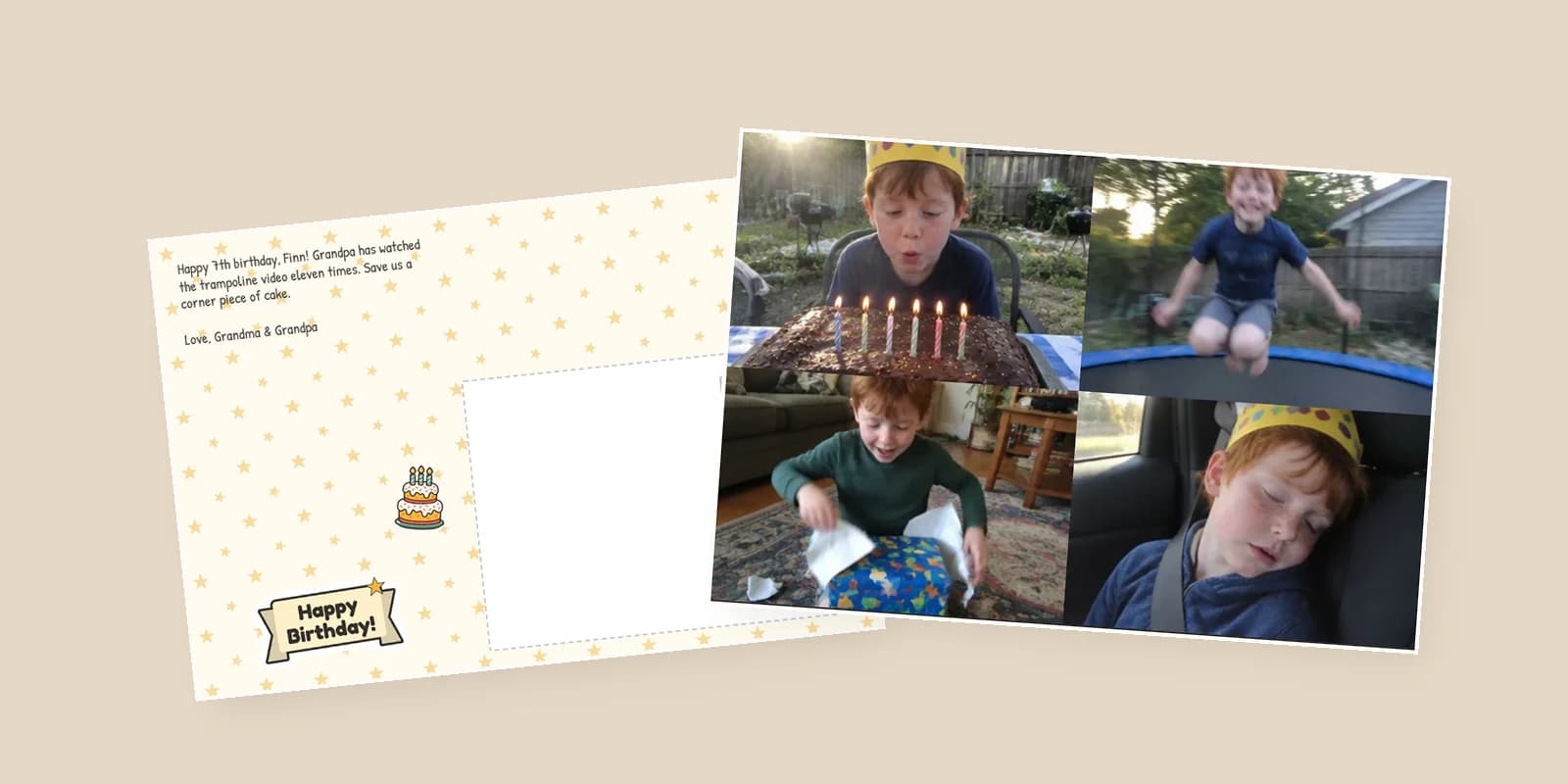 Birthday card for grandson from FamilyLetter: a four-photo front of a boy turning seven beside its starry back, signed Love, Grandma & Grandpa