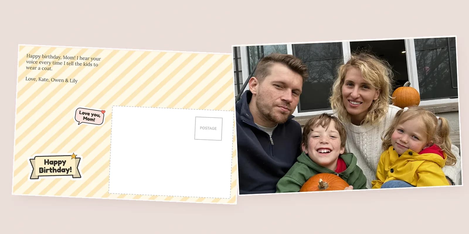 Birthday card for Mom from FamilyLetter: a striped back with a note from Kate and a Love you, Mom! sticker beside the front, a family photo with the grandkids