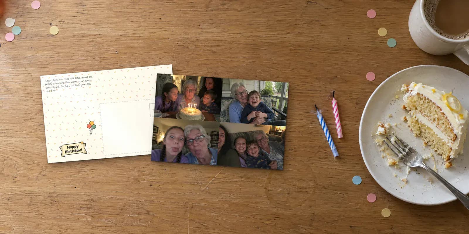 Birthday postcards from FamilyLetter: the photo front and confetti back of one card on a kitchen table beside a slice of cake