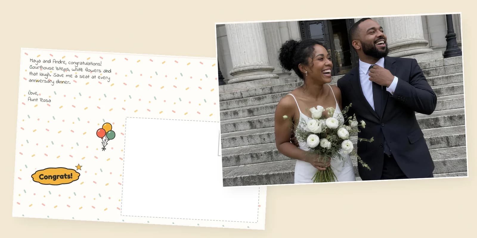 Congratulations cards made in the builder: a postcard front with a couple laughing on courthouse steps after their wedding, beside its confetti back with a Congrats! sticker