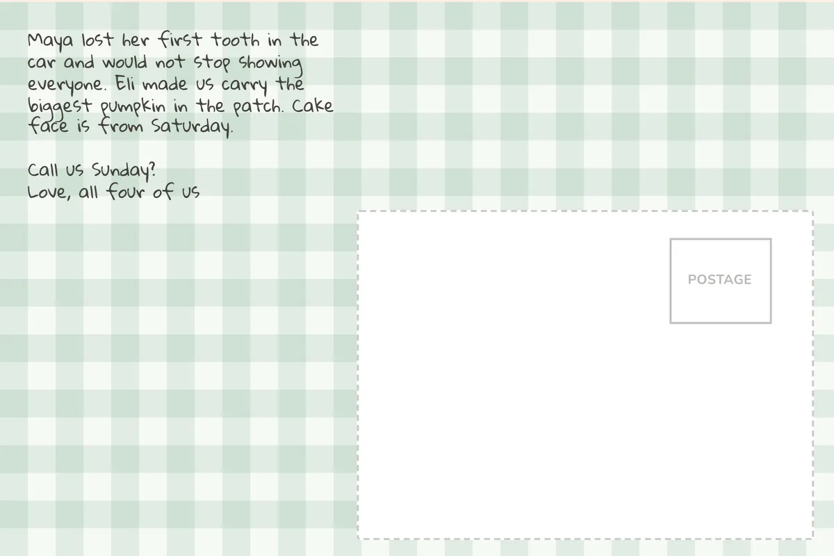 Postcard back on a green gingham design with a short family message and a clear address and postage area