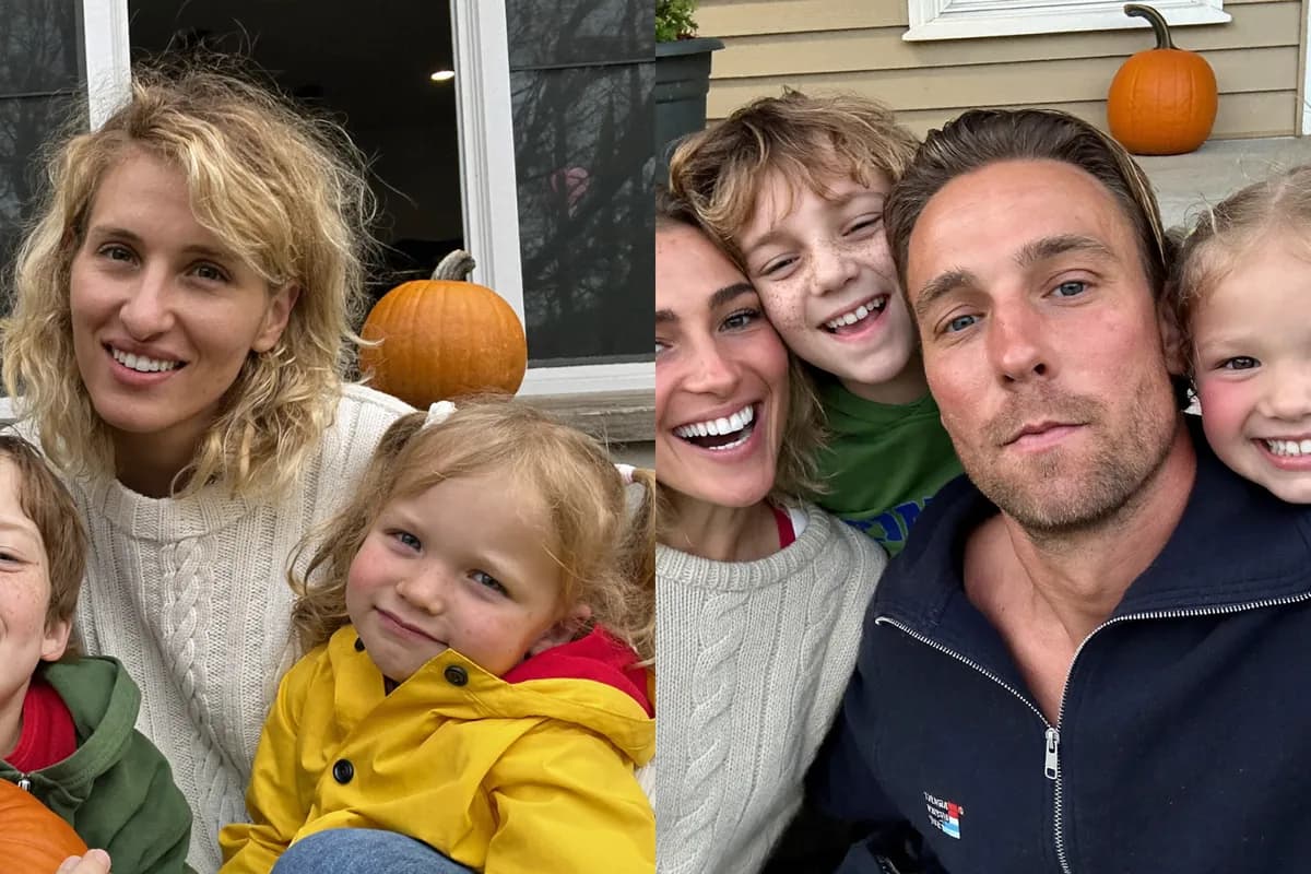 Postcard front with two family selfies on a porch, side by side as tall halves