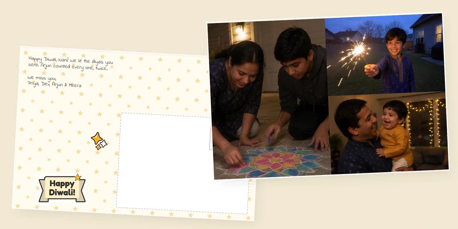 Diwali cards made in the builder: a three-photo postcard of a rangoli, a sparkler and a laughing toddler, beside its starry back with a Happy Diwali! banner