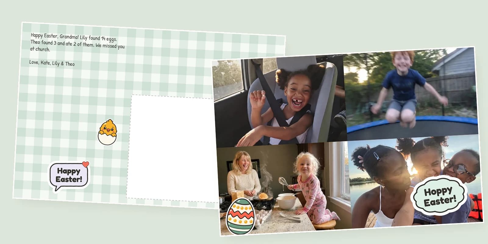 Easter cards from your photos: a four-photo postcard front with a Hoppy Easter! sticker, beside its gingham back with a note to Grandma about the egg hunt