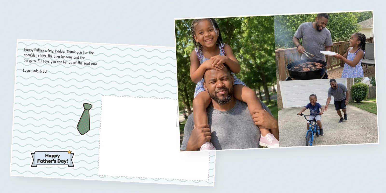 Father's Day cards made in the builder: three photos of a dad with his kids, on his shoulders, at the grill and on a bike, beside the wavy back with their note and a Happy Father's Day! banner
