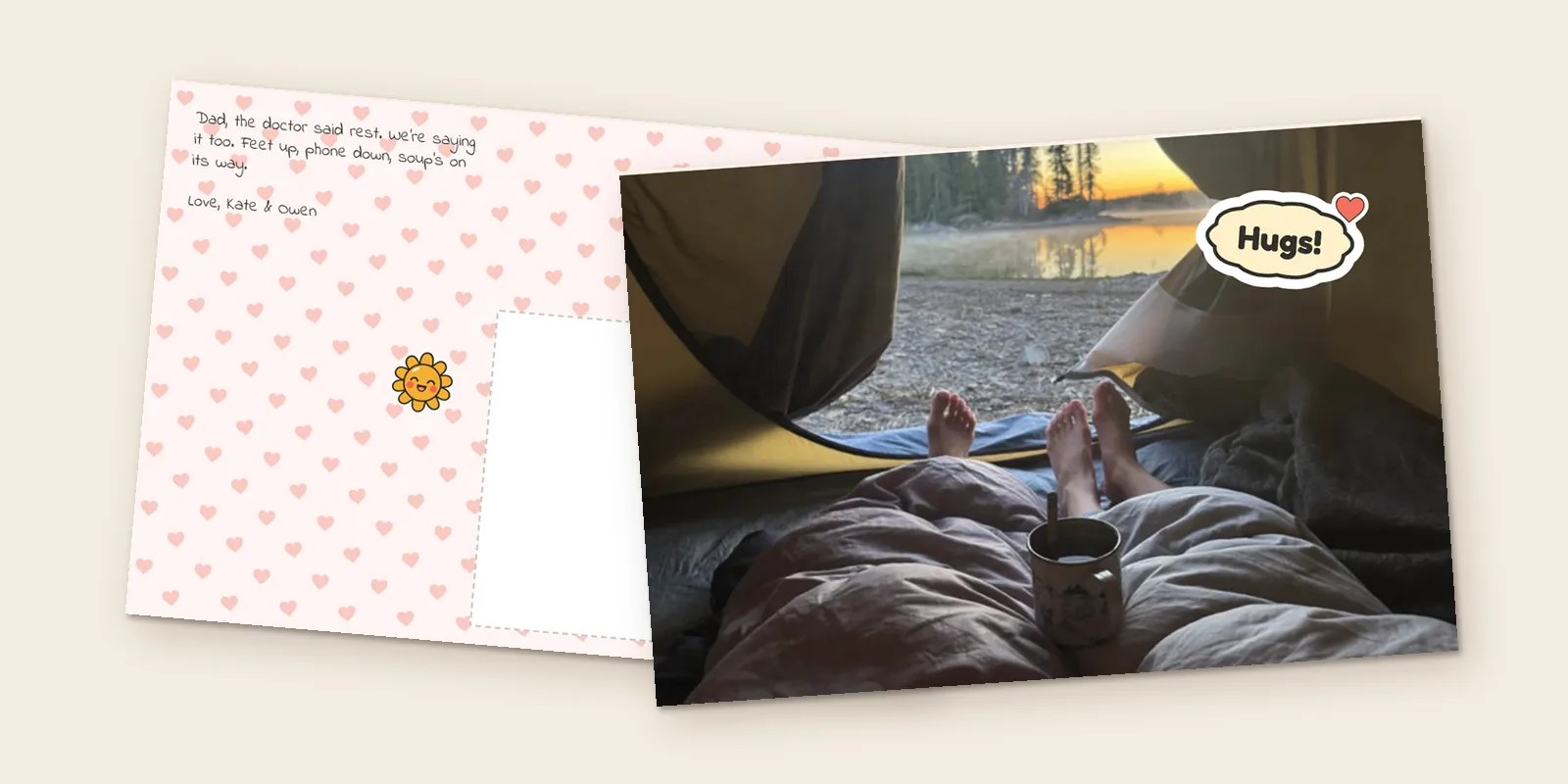 Get well soon cards: a photo postcard of feet up under a blanket with a mug and a Hugs! sticker, beside its heart-print back with a note telling Dad to rest