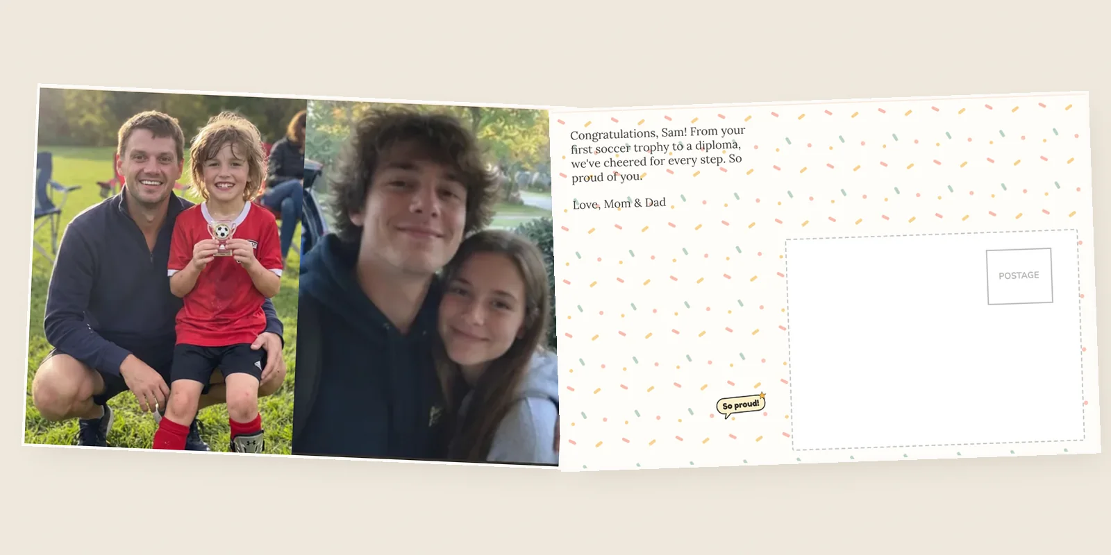Graduation cards: a 4x6 postcard front with a kid's soccer-trophy photo beside the grown graduate, and its confetti back saying congratulations, Sam, with a So proud! sticker