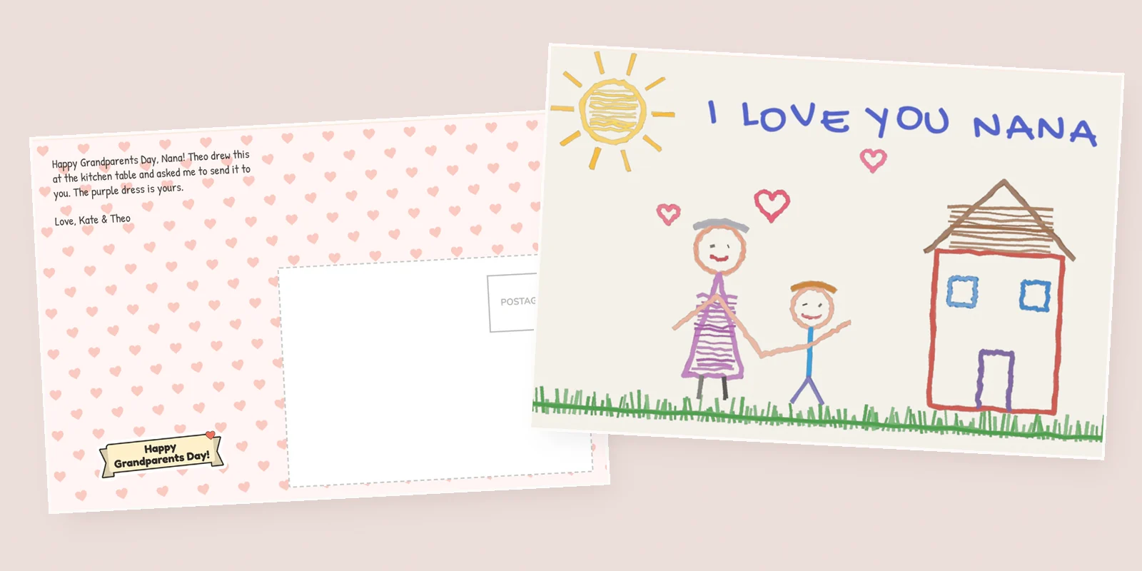 Cards for Grandparents Day: a child's crayon drawing of Nana and her grandson printed on a 4x6 postcard, beside its heart-pattern back with a Happy Grandparents Day banner