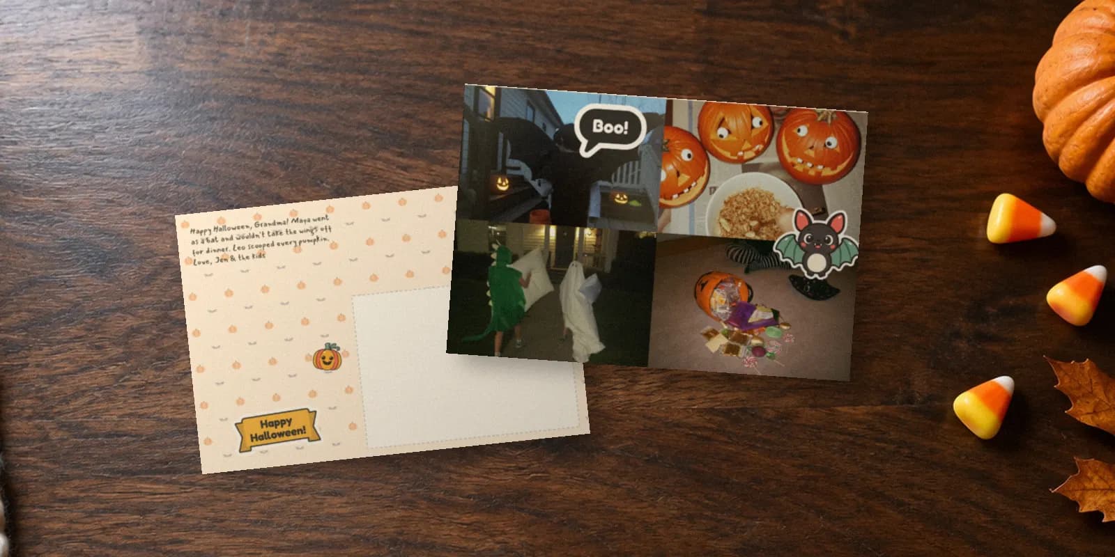 A Halloween postcard with kids' costume photos on the front and a Happy Halloween back, on a table with a mini pumpkin and candy corn