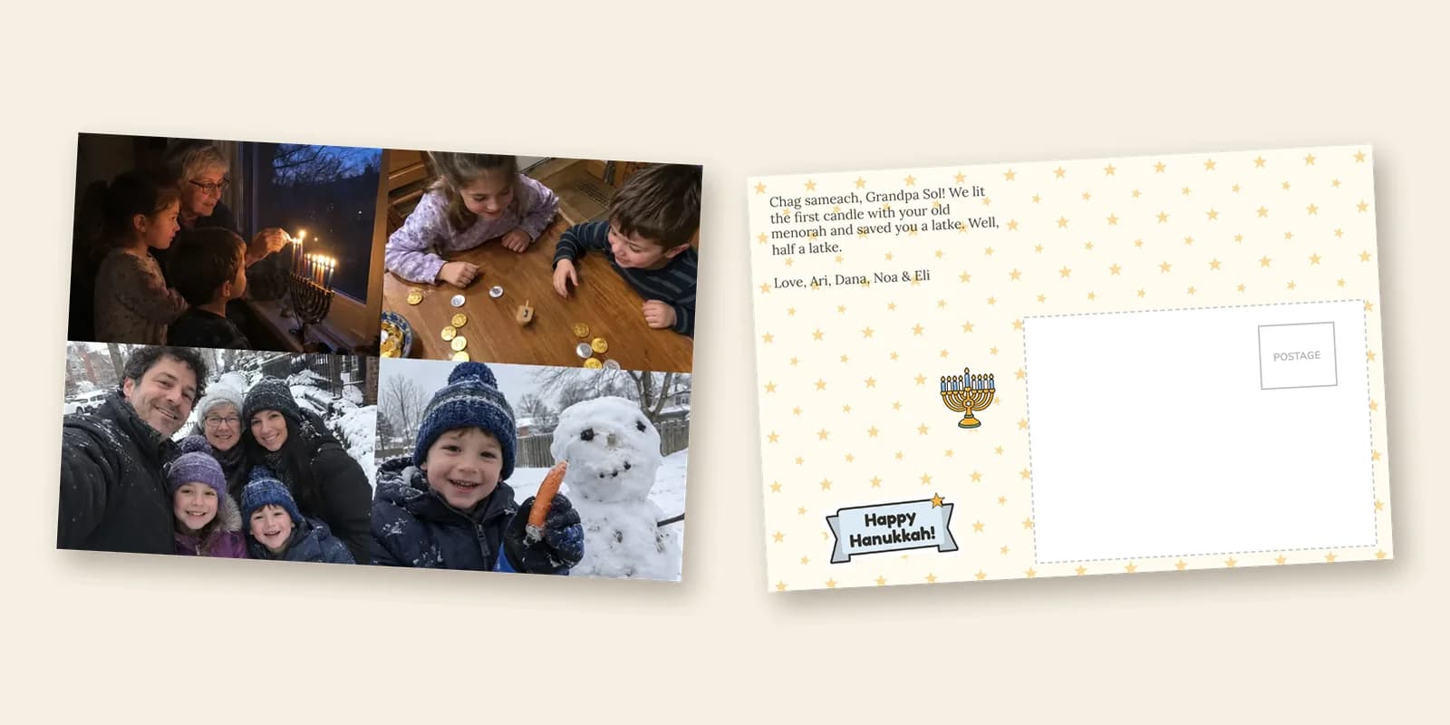 Hanukkah cards from FamilyLetter: a four-photo postcard of candle lighting and a dreidel game, beside its starry back with a menorah and a Happy Hanukkah banner