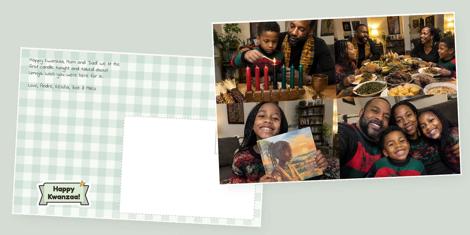Kwanzaa cards: a 4x6 photo postcard with four family photos on the front, a boy lighting the kinara among them, beside its green gingham back with a note to Mom and Dad about Umoja
