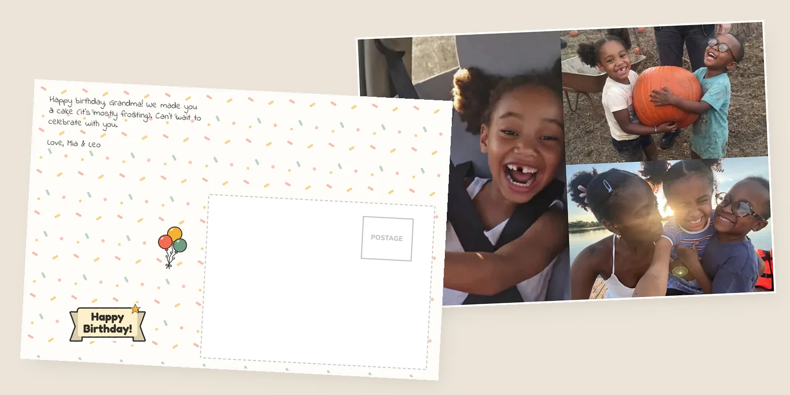 Make a postcard with ChatGPT: the real 4x6 card's printed back with the message, font and stickers the AI picked, beside the front with three family photos