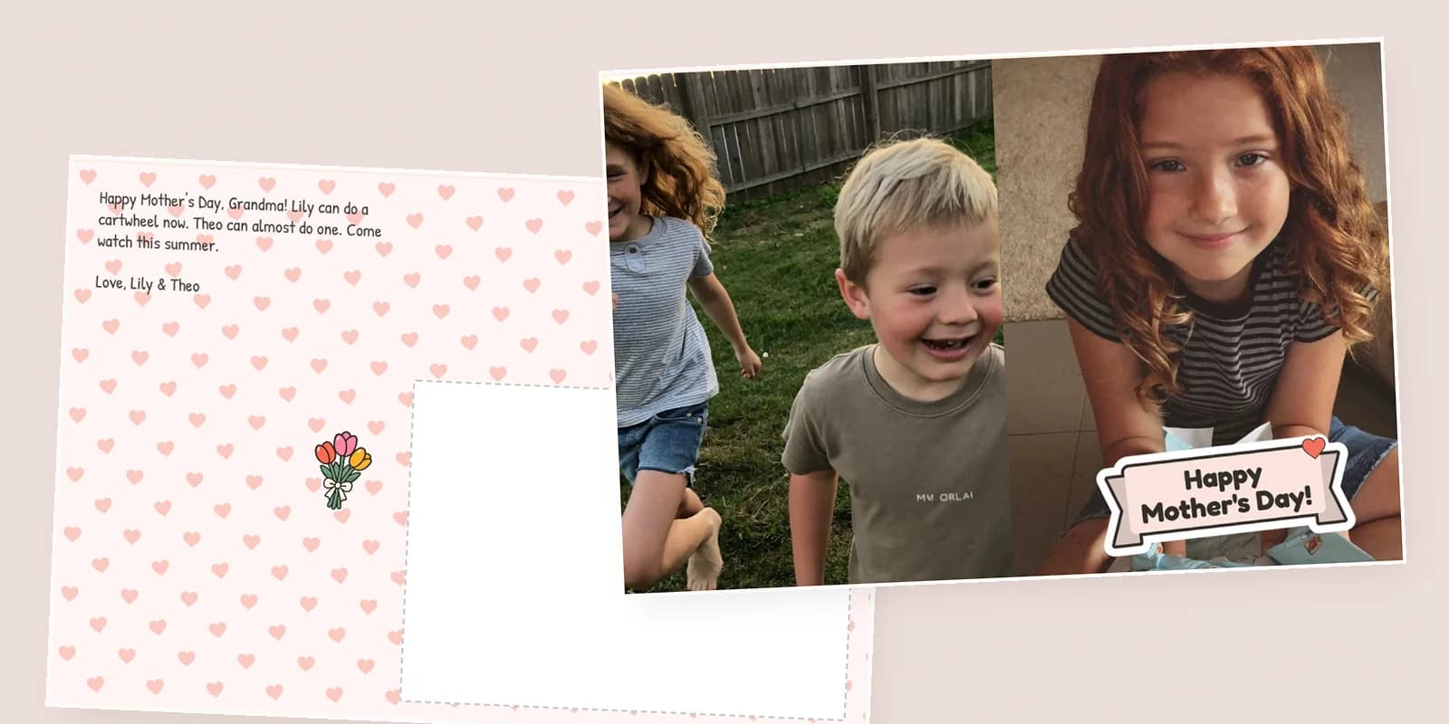 Mother's Day cards for Grandma: a two-photo postcard of the grandkids with a Happy Mother's Day! banner, beside its pink heart back with a note and tulips