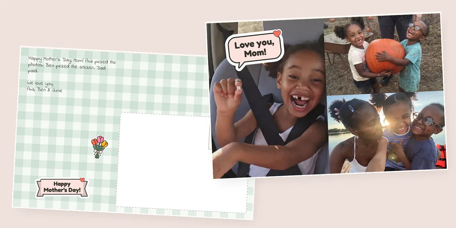 Mother's Day cards made in the builder: three photos of the kids with a Love you, Mom! sticker, beside the green gingham back with their note