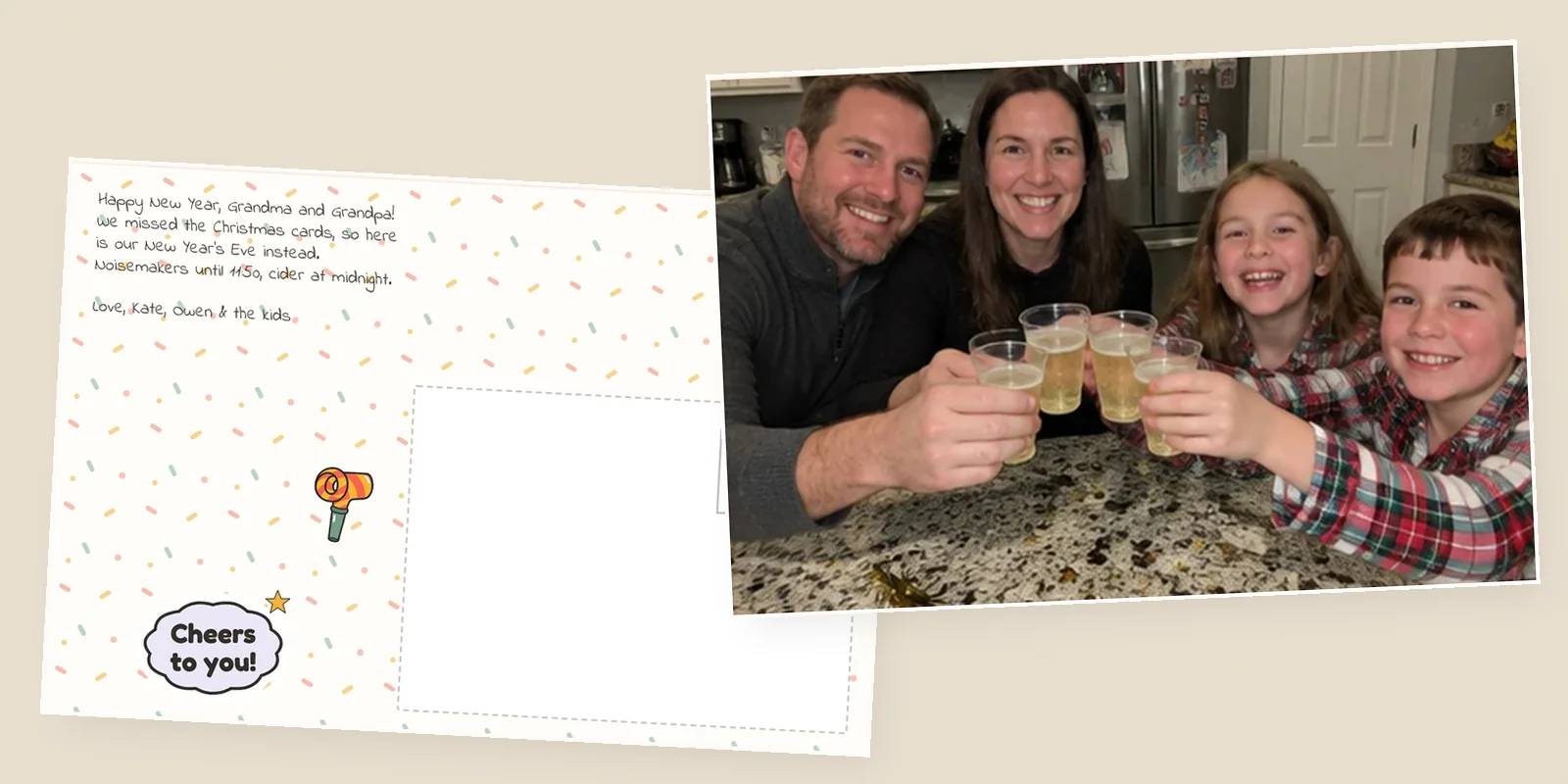 New Year's cards as a 4x6 postcard: a family toasting with cider at the kitchen counter, beside its confetti back with a note to Grandma and Grandpa and a Cheers to you! sticker