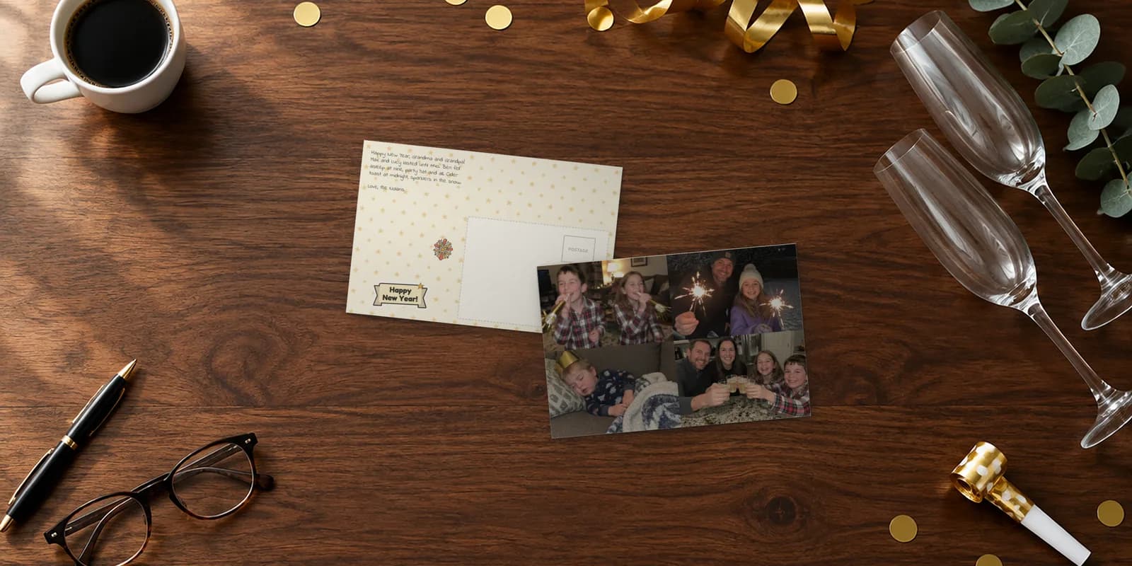 New Years postcards on a walnut table: a four-photo card of kids with noisemakers, sparklers in the snow and a cider toast, beside its starry back with a Happy New Year banner