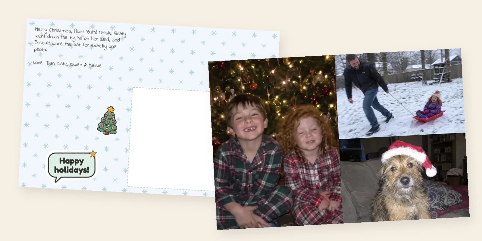 Personalized Christmas cards: the back of a snowflake card with a note to Aunt Ruth, beside its front of kids in plaid pajamas, a sled ride and a dog in a Santa hat