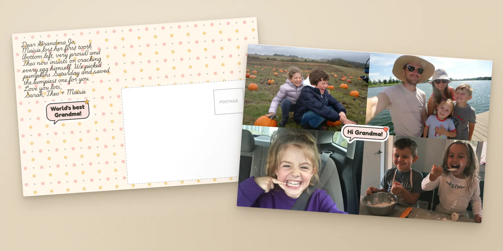 A personalized postcard made for Grandma Jo: the back with her name in the greeting, an Autumn polka-dot design and a World's best Grandma! sticker, beside the front with four family photos and a Hi Grandma! sticker