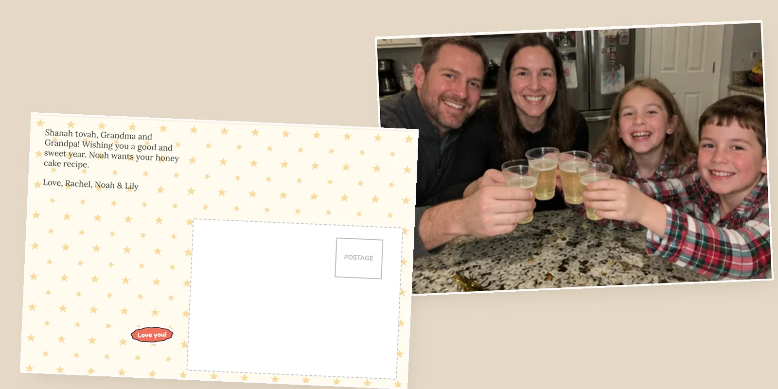 Rosh Hashanah cards as a photo postcard: a family raising a toast on the front, and a Shanah tovah note to Grandma and Grandpa on the starry back