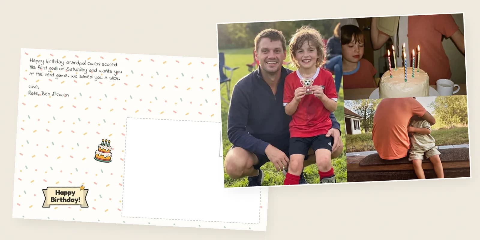 Send a physical card online like this one: a three-photo birthday postcard for Grandpa beside its confetti back, with a Happy Birthday! banner and a note from Kate, Ben and Owen
