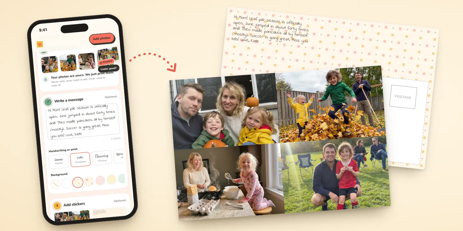 Send postcards online from a phone: the builder with four family photos and a message, beside the printed 4x6 card's front and back