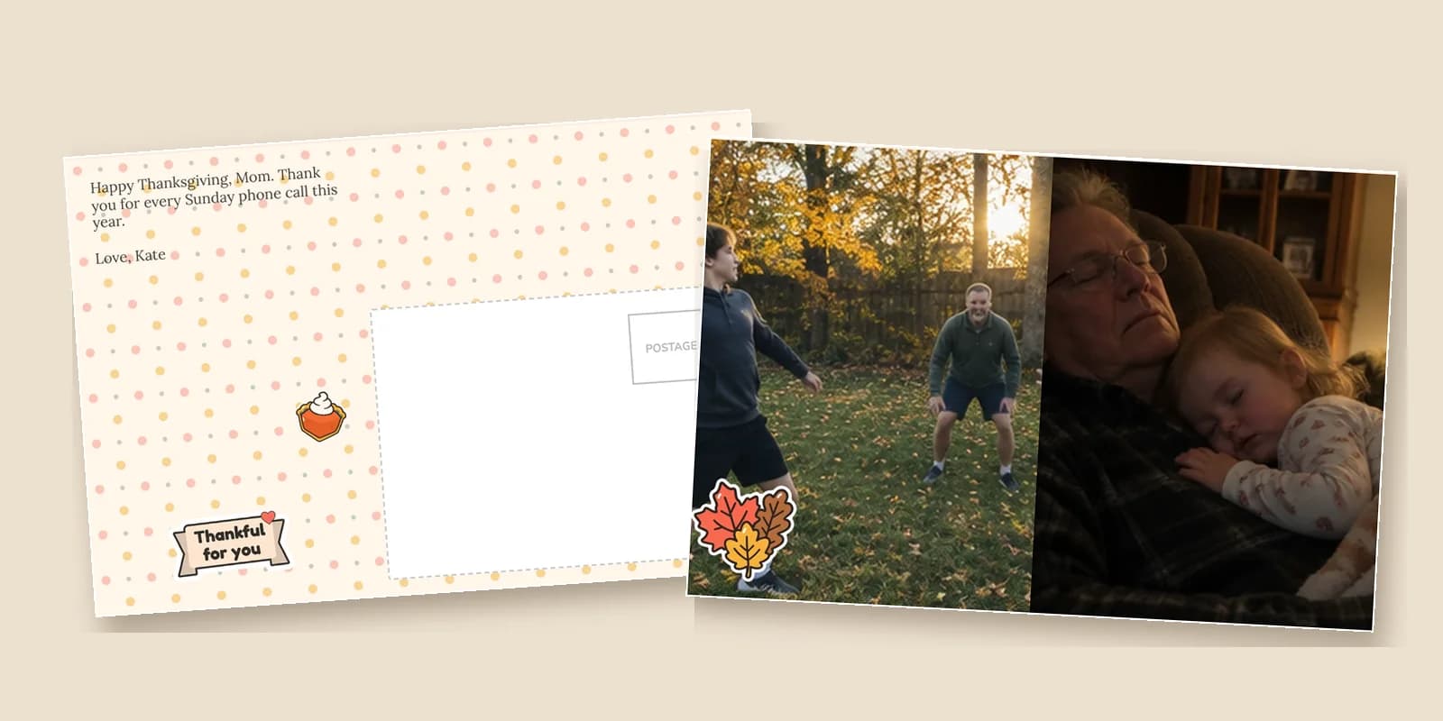 Thanksgiving cards as 4x6 postcards: a two-photo fall front beside an Autumn back with a printed note to Mom and a Thankful for you banner
