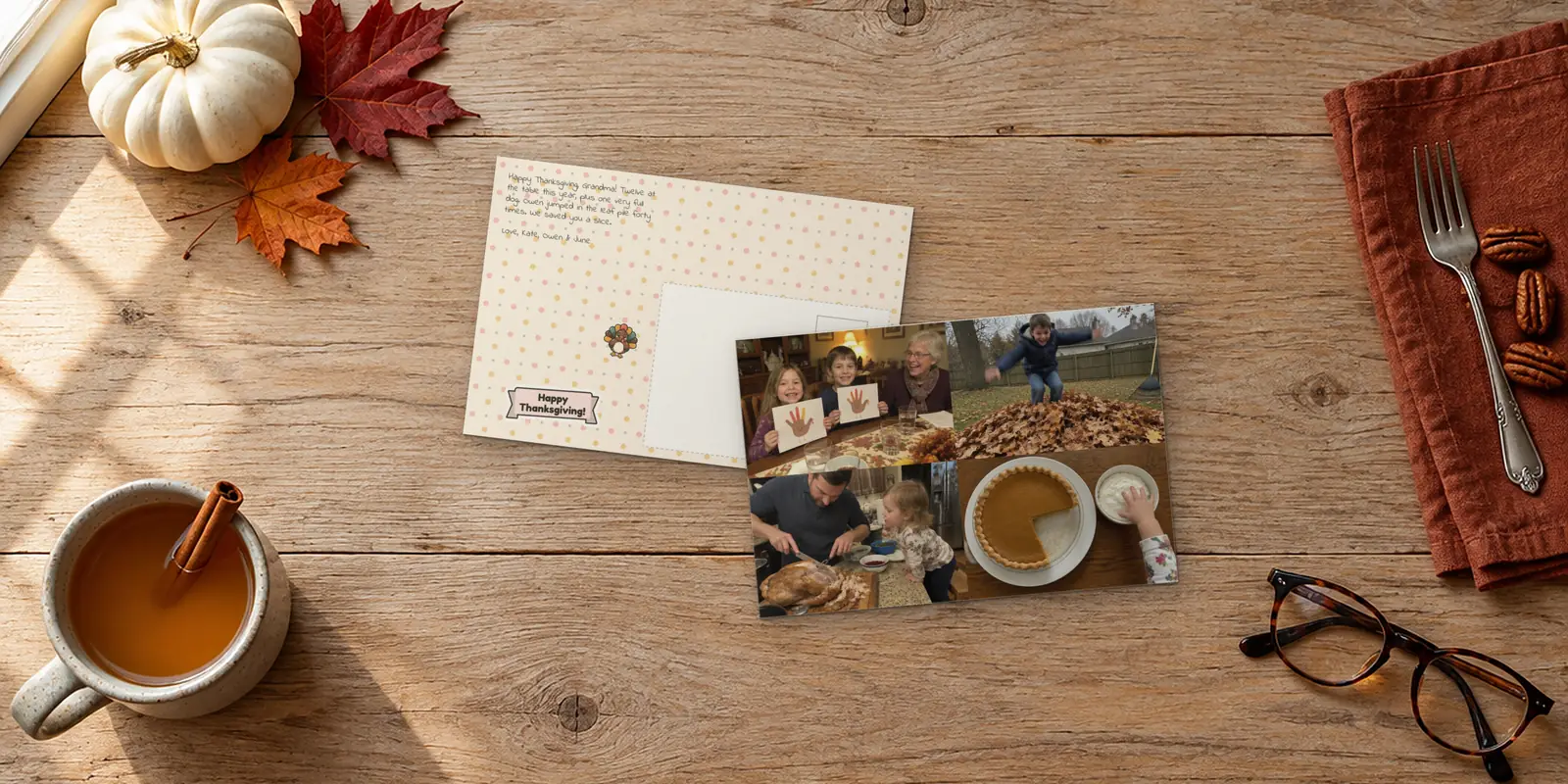 Thanksgiving postcards on an oak table: a four-photo fall card beside its autumn back with a turkey sticker, next to a mug of cider