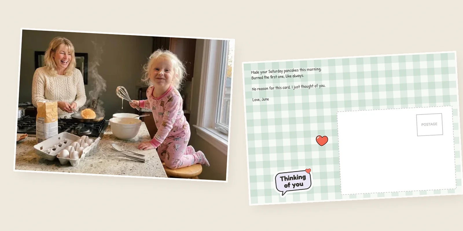 Thinking of you cards: a photo postcard of a laughing woman flipping pancakes with a toddler on a stool, beside its gingham back with a short note and a Thinking of you sticker
