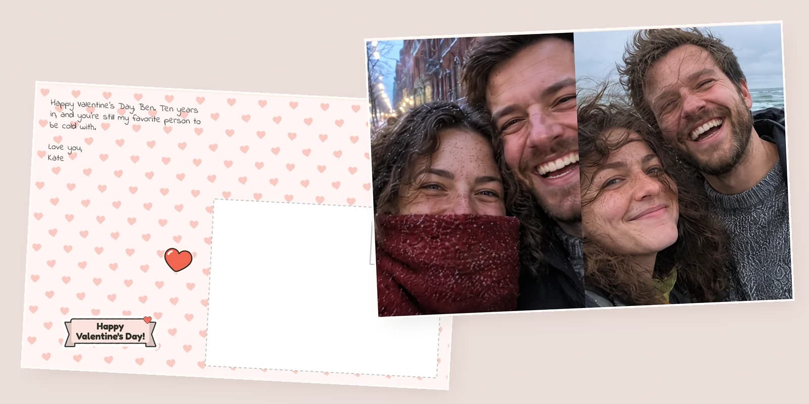 Valentines postcards for a partner: a 4x6 front with two selfies of a couple in the snow and on a windy beach, beside its hearts back with a love note