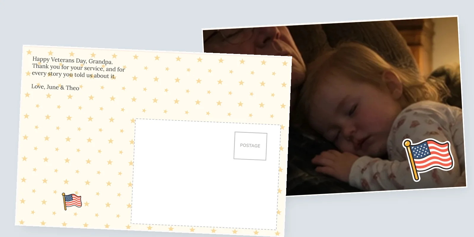 Veterans Day cards: a photo postcard of a grandfather asleep with a toddler and a flag sticker, beside its Stars back thanking Grandpa for his service