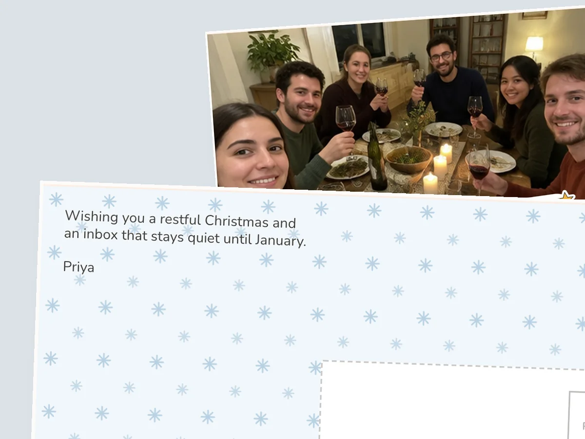 Postcard back in a clean print font wishing a coworker an inbox that stays quiet until January, with a team dinner photo behind it