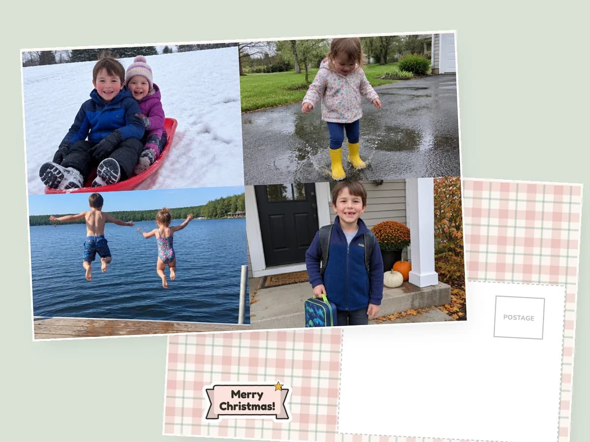 Postcard front with four family photos from winter, spring, summer and fall, the plaid message side tucked underneath