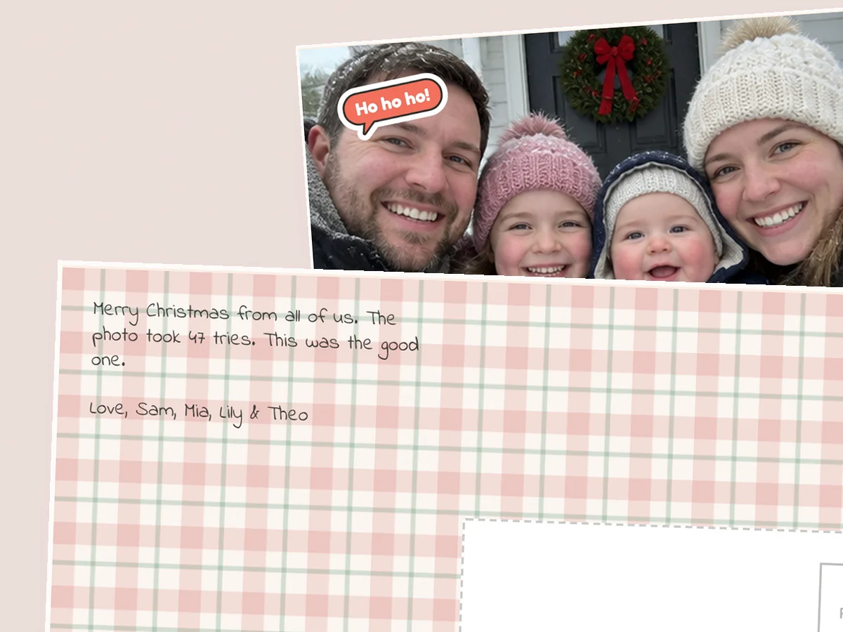 Plaid postcard back saying the photo took 47 tries and this was the good one, over the family selfie it describes