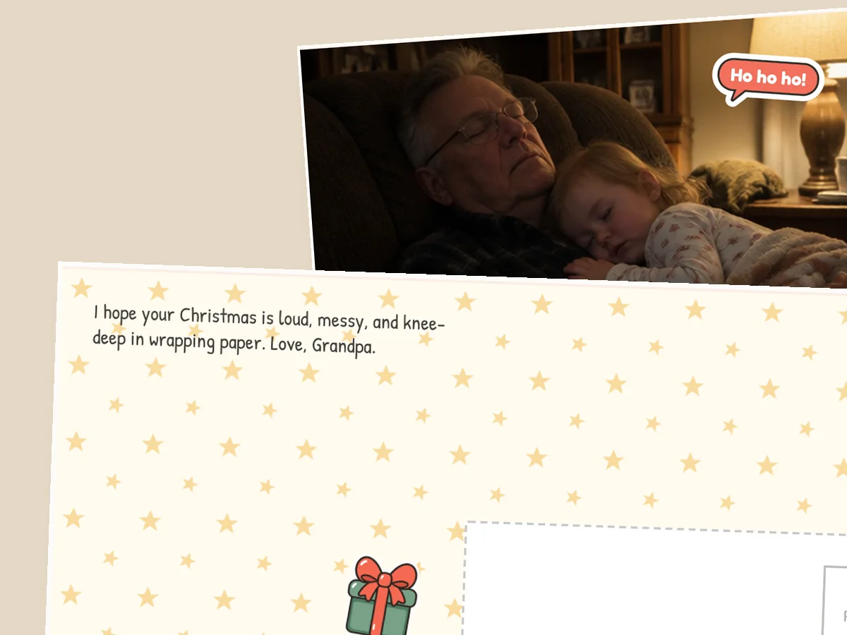 Starry postcard back signed Love, Grandpa, hoping for a Christmas knee-deep in wrapping paper, with a photo of Grandpa napping beside a toddler