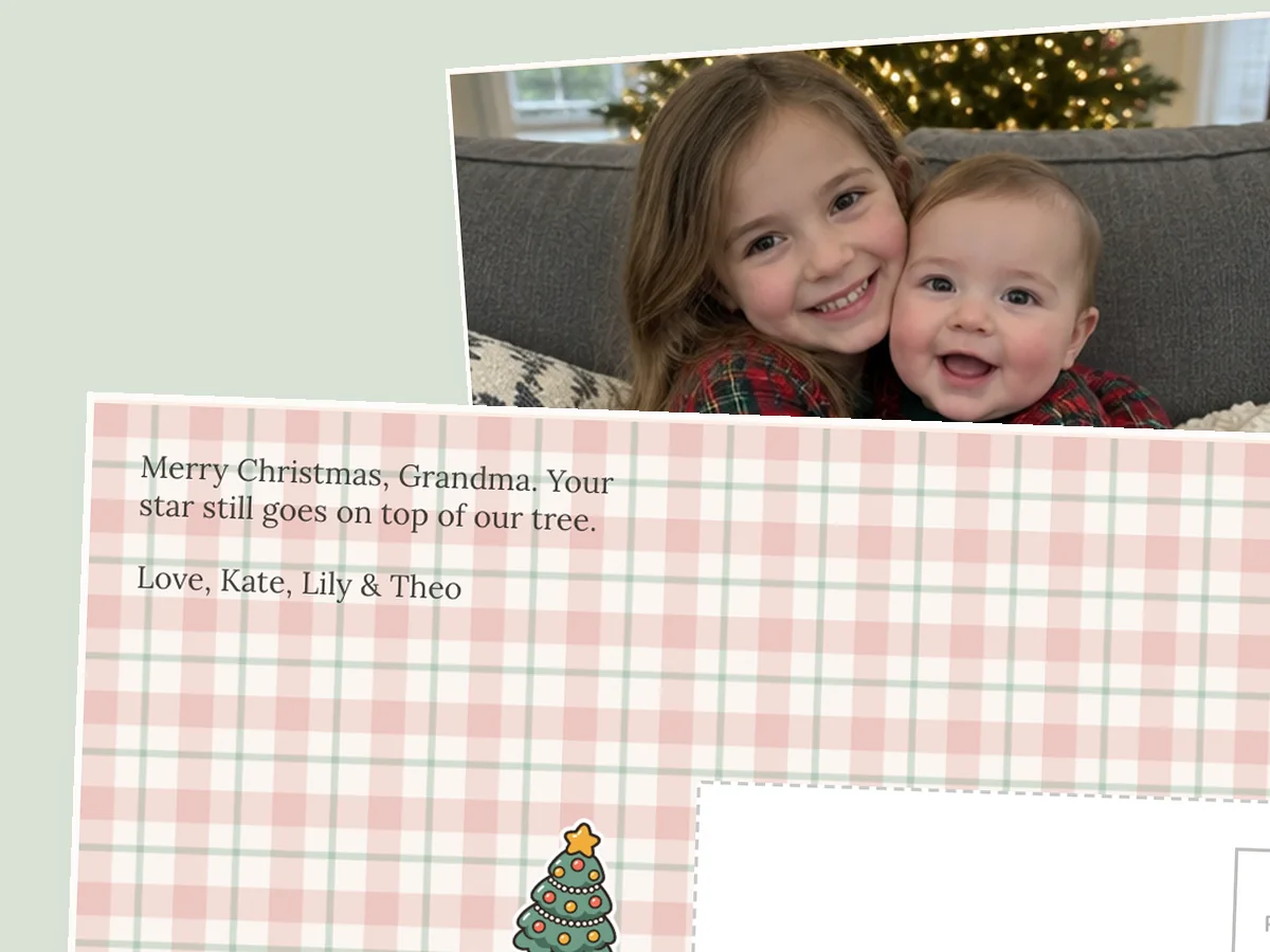 Back of a plaid photo postcard to Grandma that says her star still goes on top of the tree, with the grandkids' photo behind it