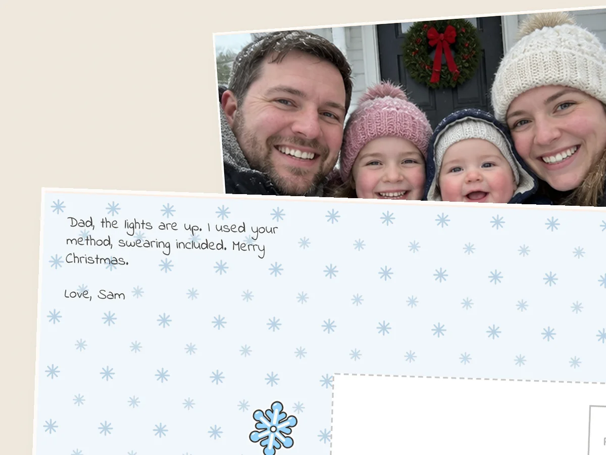 Snowflake postcard back to Dad about putting the lights up his way, swearing included, over a family selfie by the front door