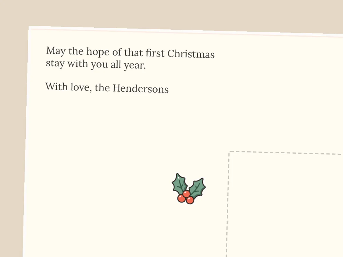 Cream postcard back in a serif font with a holly sticker: may the hope of that first Christmas stay with you all year