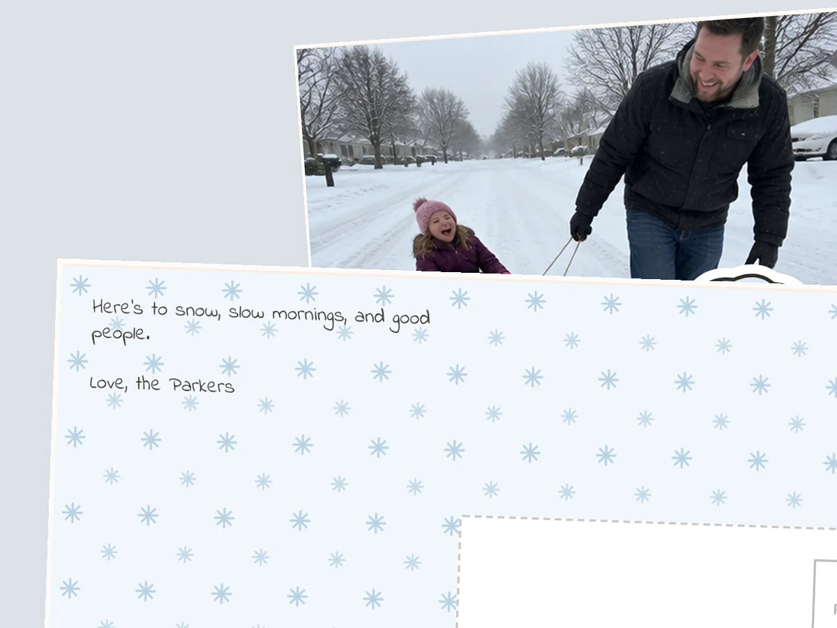 Postcard back reading here's to snow, slow mornings, and good people, with a dad pulling his daughter on a sled