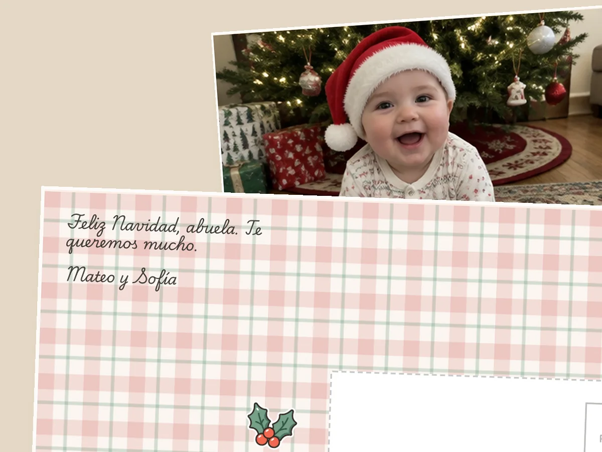 Plaid postcard back that says Feliz Navidad, abuela, te queremos mucho, with a baby in a Santa hat by the tree