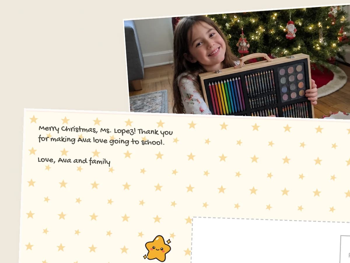 Starry postcard back thanking Ms. Lopez for making Ava love going to school, with Ava and her new art set on the front