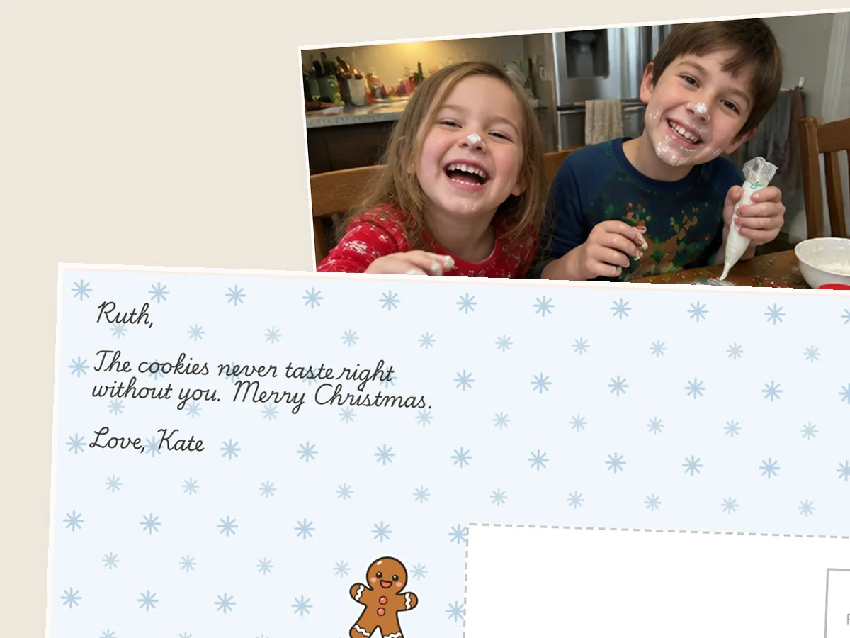 Postcard back written in three parts: Ruth, the cookies never taste right without you, Merry Christmas, love Kate, with the kids icing gingerbread on the front