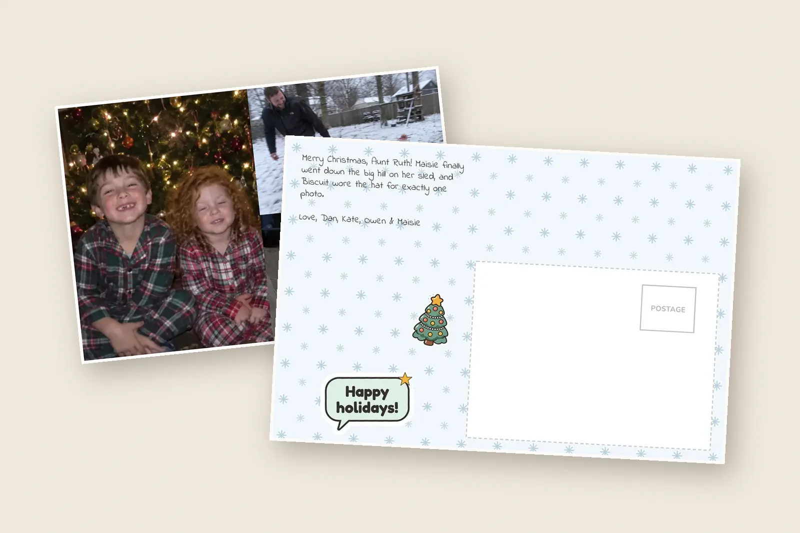 Christmas card messages written on the back of a 4×6 photo postcard, next to the family photo front