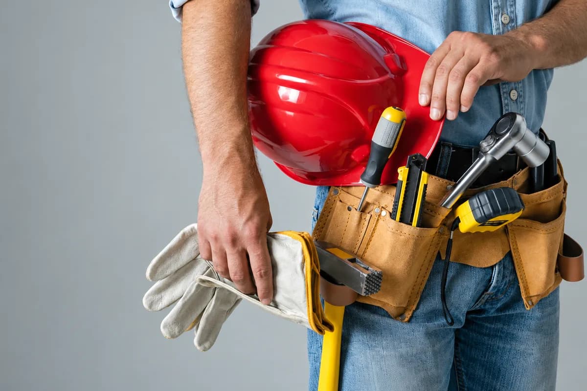 A tradesman in a tool belt holding a hard hat and work gloves, carrying a screwdriver, ratchet and tape measure