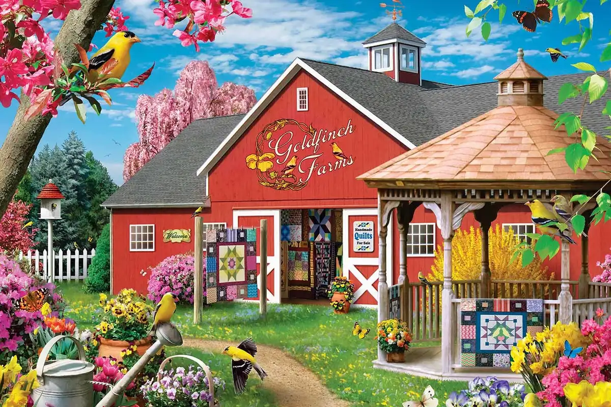 A 300-piece large-format jigsaw puzzle showing a red barn quilt shop with goldfinches and flowers