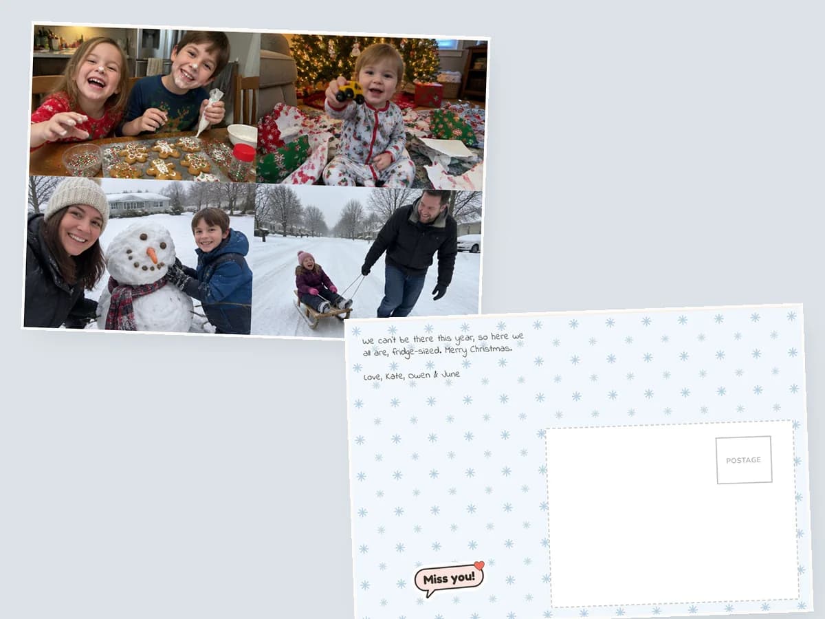 Postcard front with four Christmas photos of the grandkids, the snowflake back with a Miss you sticker underneath